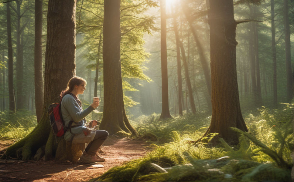 Amidst a serene forest clearing, a hiker enjoys a rejuvenating cup of weight loss coffee, basking in sunlight, surrounded by towering trees and chirping birds.
