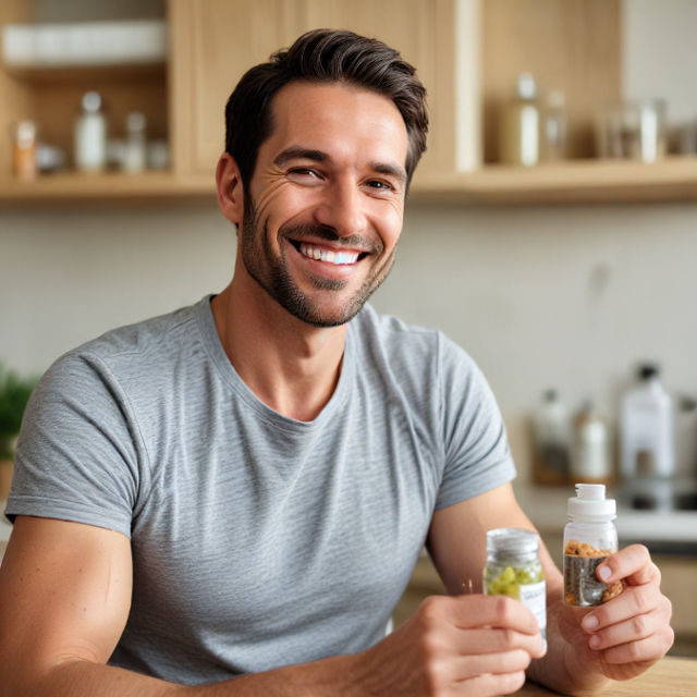 A man in his mid-30s smiling confidently while holding a small bottle of supplements; he's seated in a well-lit kitchen, appearing energized and content, with a glass of water and healthy snacks on the table beside him.
