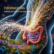 A metaphorical image of a human gut glowing with health. Intricate, glowing strands of fiber, represented as intelligent pathways, are shown leading to a vibrant, flourishing gut microbiome.