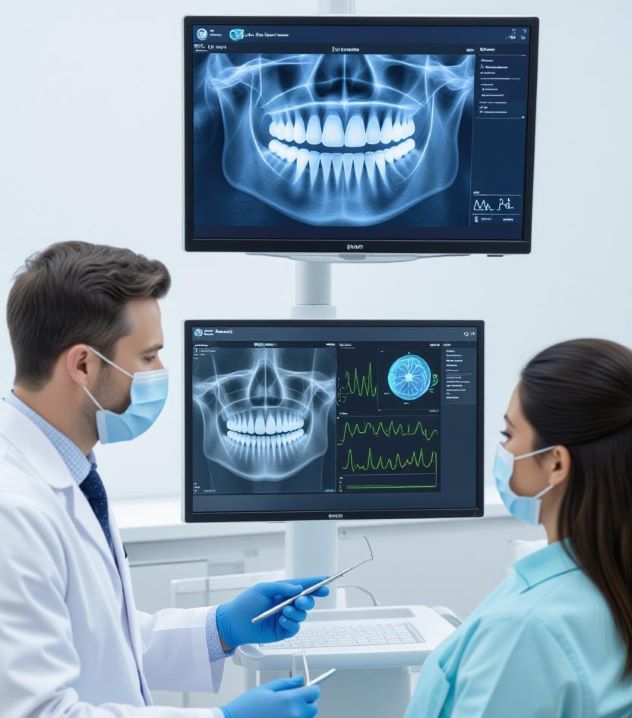 dentist and patient discussing digital scanning of teeth