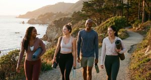 People walking on a scenic path, wellness-focused lifestyle photography