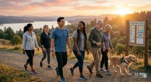 A diverse group of adults walking together on a scenic trail during sunrise, wearing fitness trackers, smiling and relaxed, focus on wellness and community.