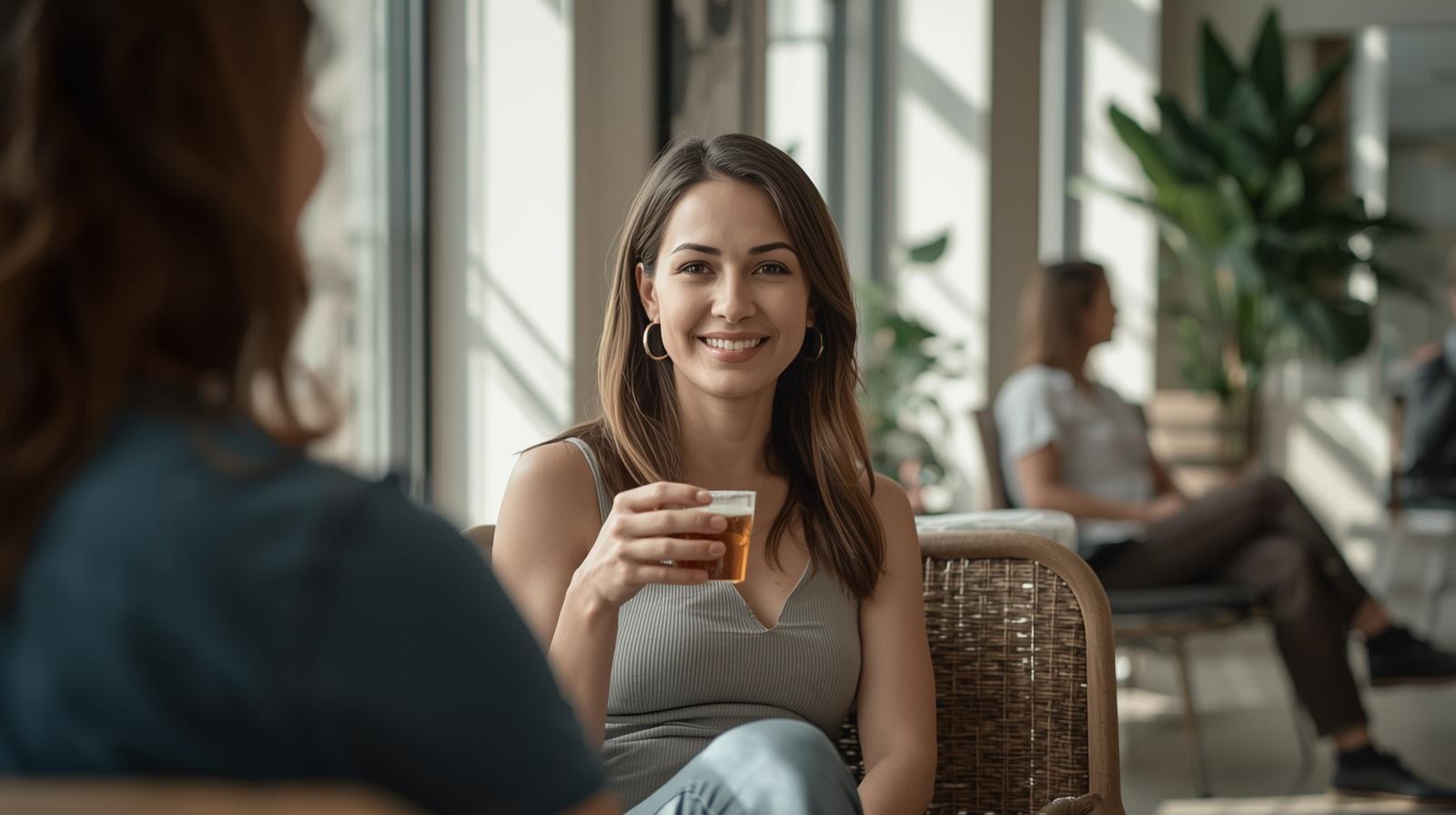 Confident woman relaxing inside bright wellness spa while discussing healthy lifestyle improvements.