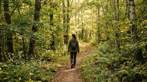 A person walking along a शांत natural trail with sunlight filtering through trees, calm atmosphere, soft warm tones, peaceful and reflective mood, high detail nature scene.