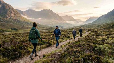 Peaceful long-distance walking scene along a scenic natural path with early morning light and diverse people walking mindfully
