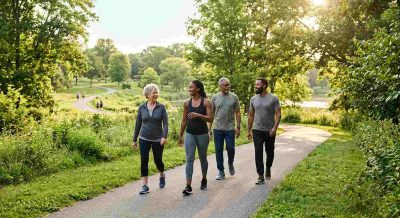 Healthy adults and older adults walking together through a scenic green park, natural movement and comfortable pace.